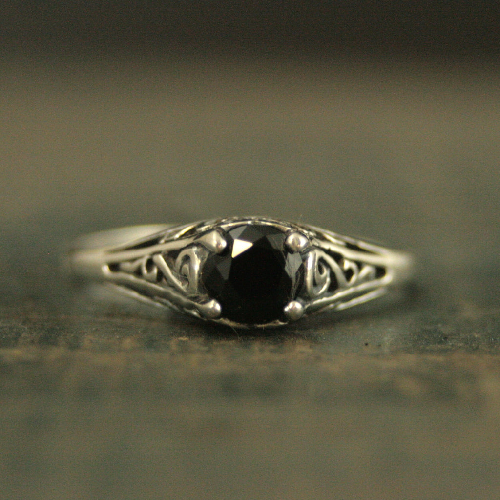 Filigree Engagement Ring Cinderella Onyx Ring Antique Style Ring Vintage Style Ring Scrollwork Solitaire 5mm Black Stone Ring Blazer Arts