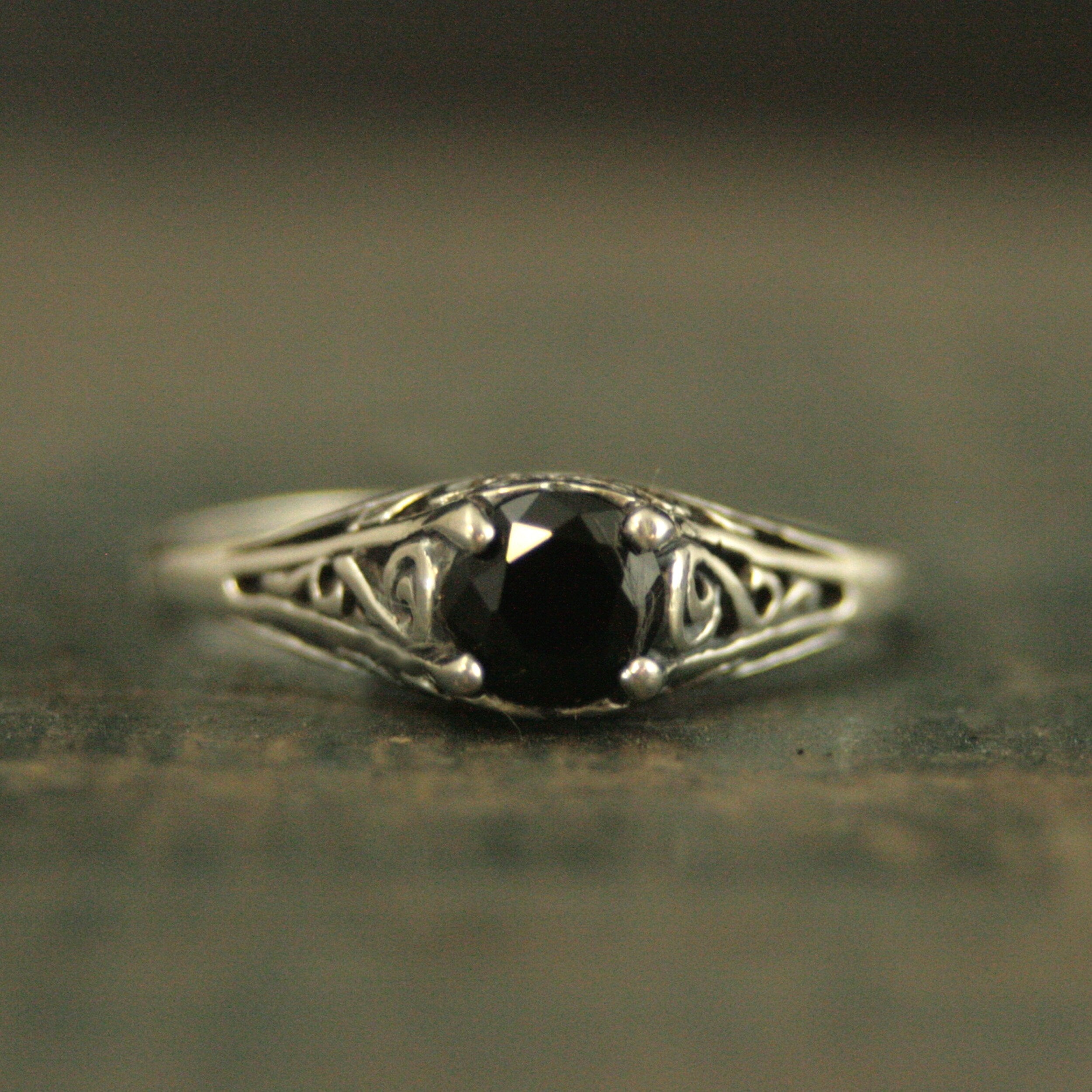 Filigree Engagement Ring Cinderella Onyx Ring Antique Style Ring Vintage Style Ring Scrollwork Solitaire 5mm Black Stone Ring Blazer Arts
