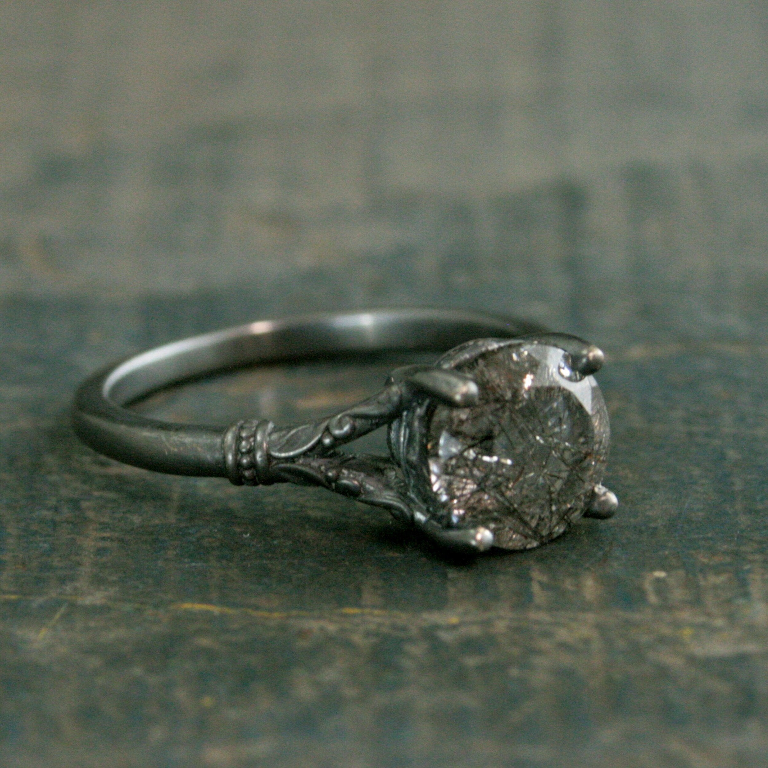 Black Tourmalinated Quartz Ring Black Rutilated Quartz Ring Oxidized Silver Ring Unique Engagement Ring Black Silver Ring Gothic Elsa Ring