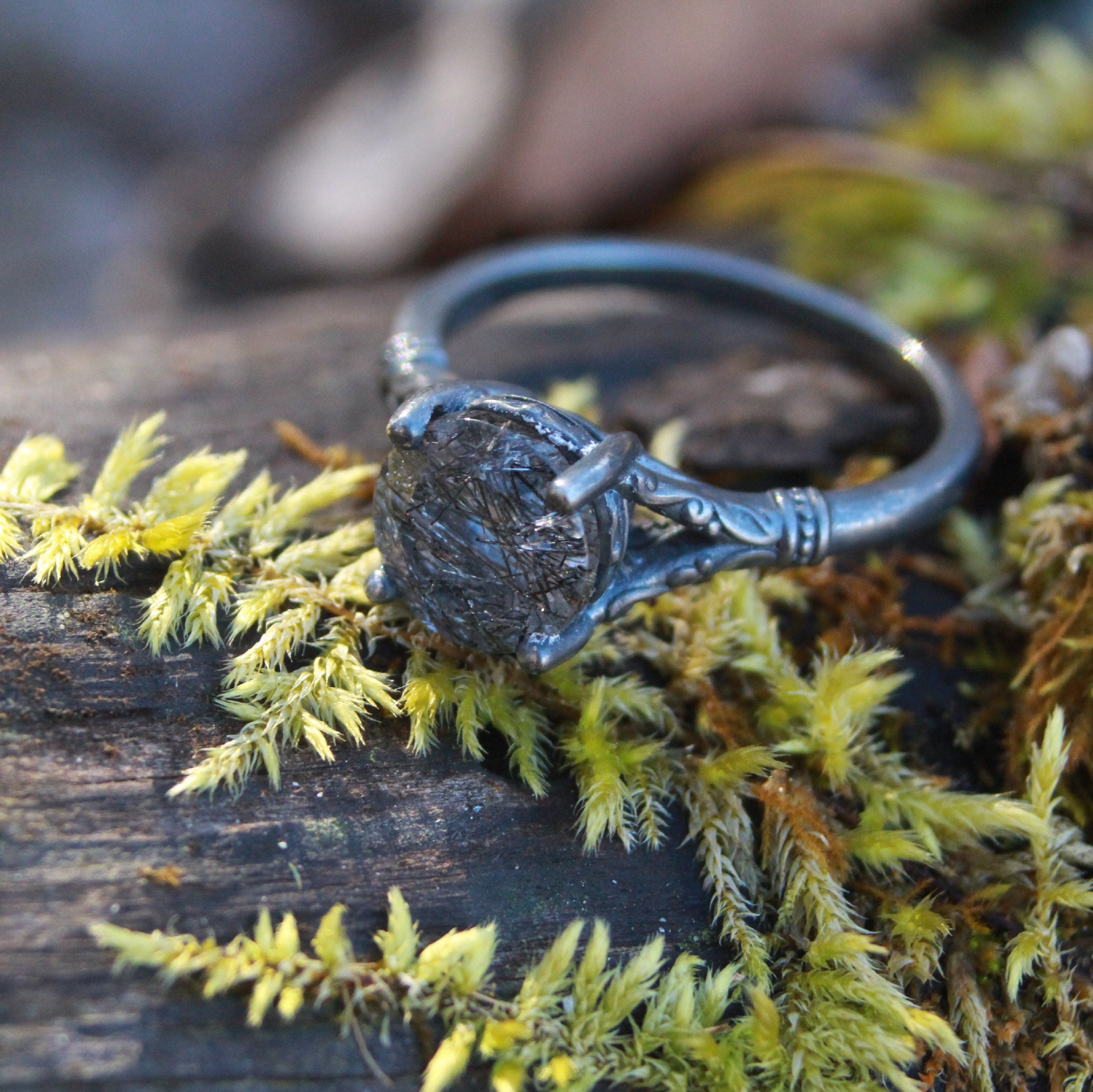 Black Tourmalinated Quartz Ring Black Rutilated Quartz Ring Oxidized Silver Ring Unique Engagement Ring Black Silver Ring Gothic Elsa Ring