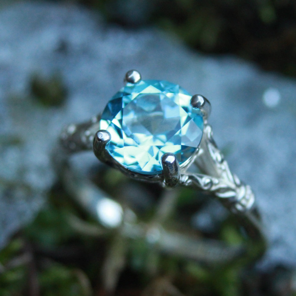Sky Blue Topaz Ring Elsa Ring 8mm Blue Topaz Split Shank Solitaire Scroll Design Arendelle Inspired Ring March Birthstone Ring Gift for Her