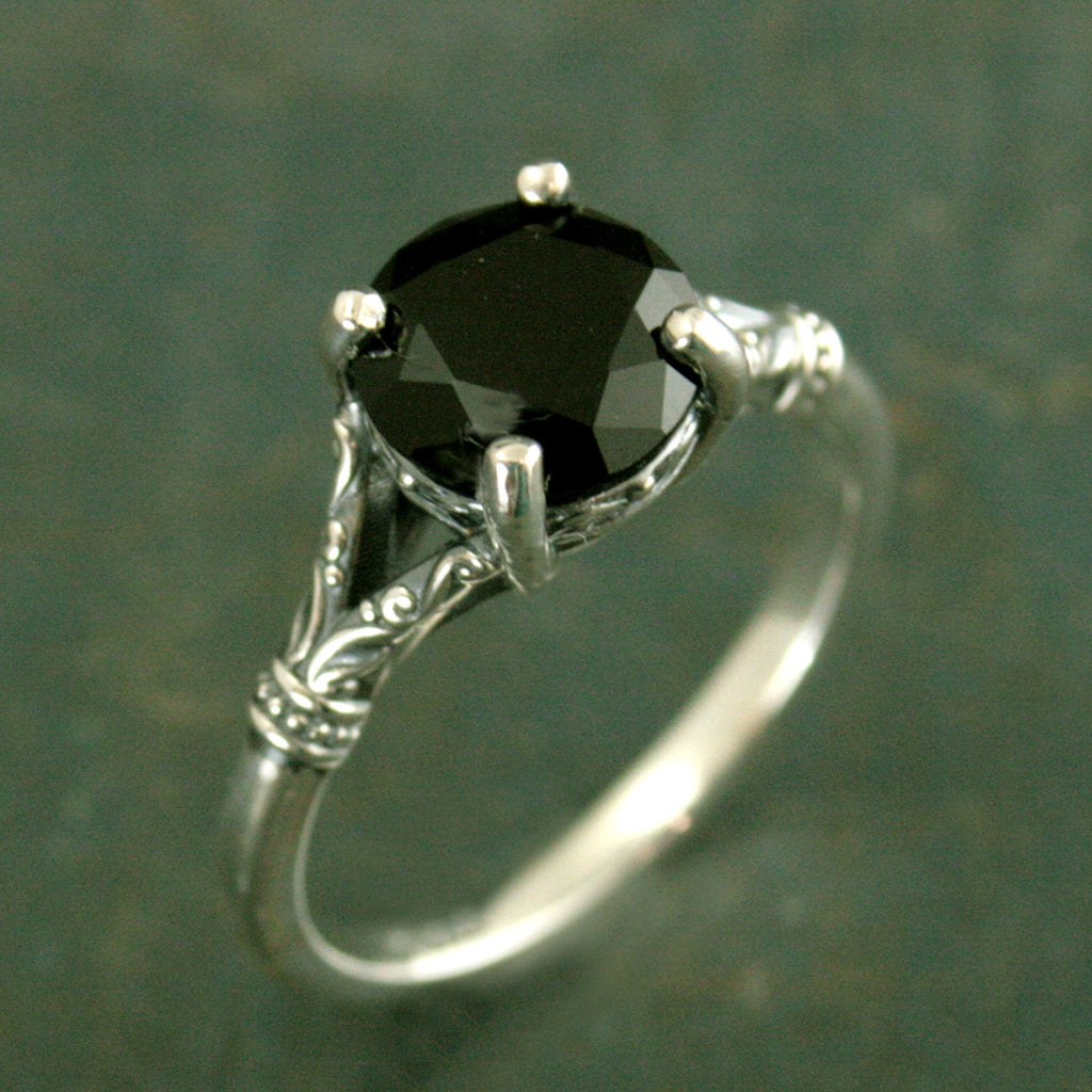 Black Onyx Ring Nordic Design Scrollwork Split Shank Solitaire Oxidized Silver Antiqued Ring Vintage Design Unique Engagement Ring Gothic