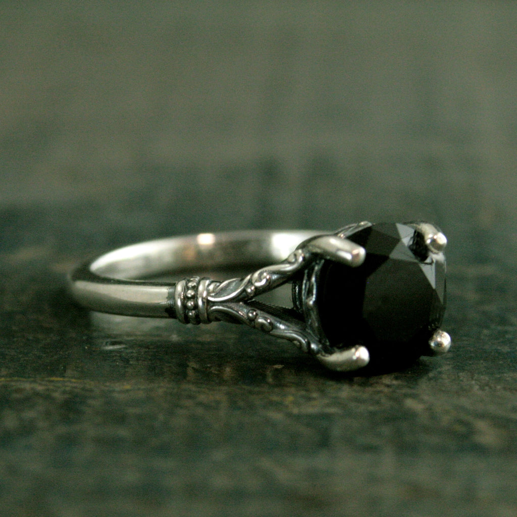 Black Onyx Ring Nordic Design Scrollwork Split Shank Solitaire Oxidized Silver Antiqued Ring Vintage Design Unique Engagement Ring Gothic