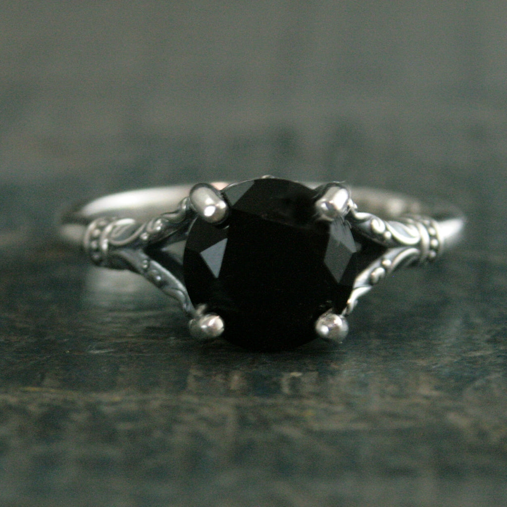 Black Onyx Ring Nordic Design Scrollwork Split Shank Solitaire Oxidized Silver Antiqued Ring Vintage Design Unique Engagement Ring Gothic
