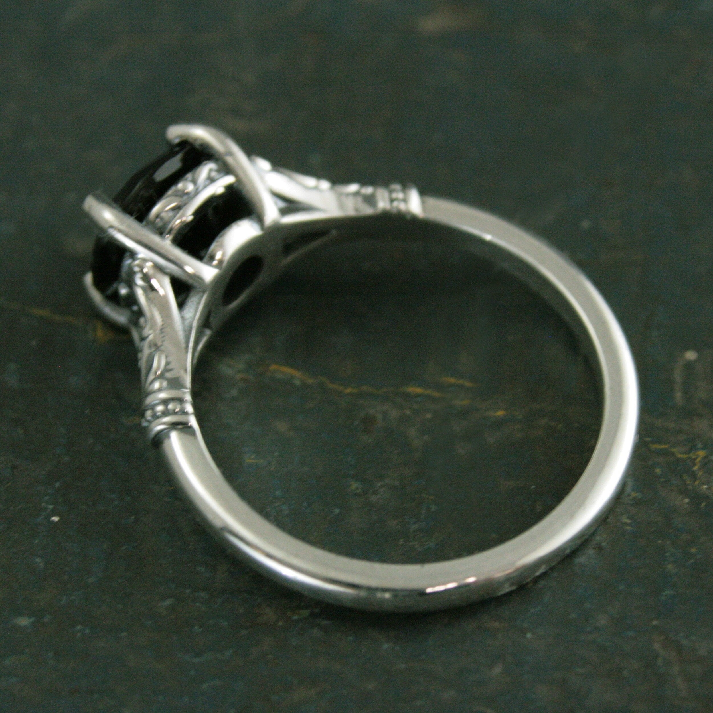 Black Onyx Ring Nordic Design Scrollwork Split Shank Solitaire Oxidized Silver Antiqued Ring Vintage Design Unique Engagement Ring Gothic
