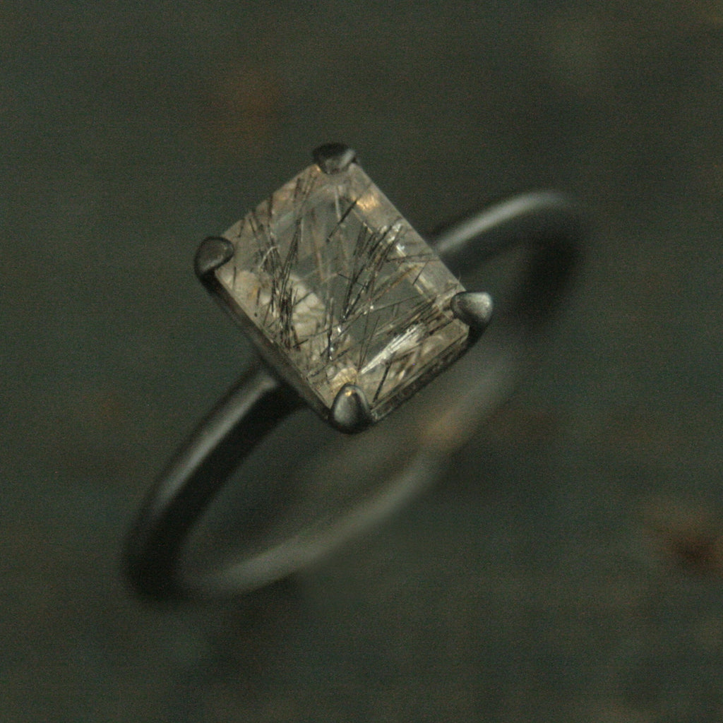 Black Tourmalinated Quartz Ring Emerald Cut Rutilated Quartz Modern Knife Edge Ring Oxidized Black Silver Ring Black Rutilated Quartz Ring