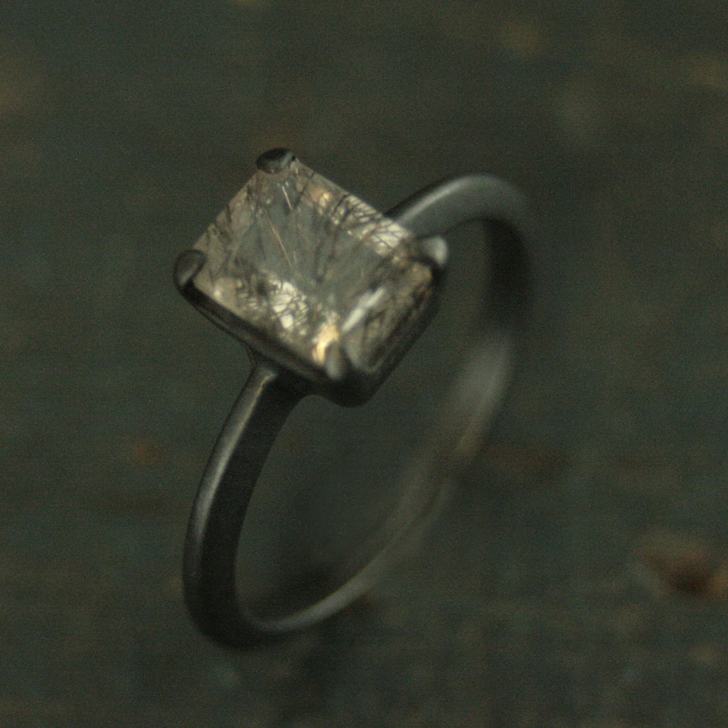 Black Tourmalinated Quartz Ring Emerald Cut Rutilated Quartz Modern Knife Edge Ring Oxidized Black Silver Ring Black Rutilated Quartz Ring