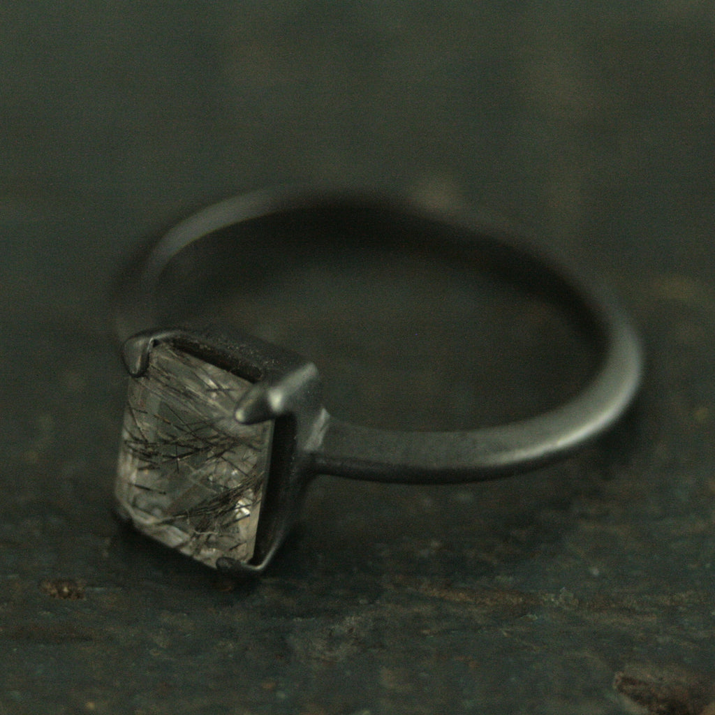 Black Tourmalinated Quartz Ring Emerald Cut Rutilated Quartz Modern Knife Edge Ring Oxidized Black Silver Ring Black Rutilated Quartz Ring