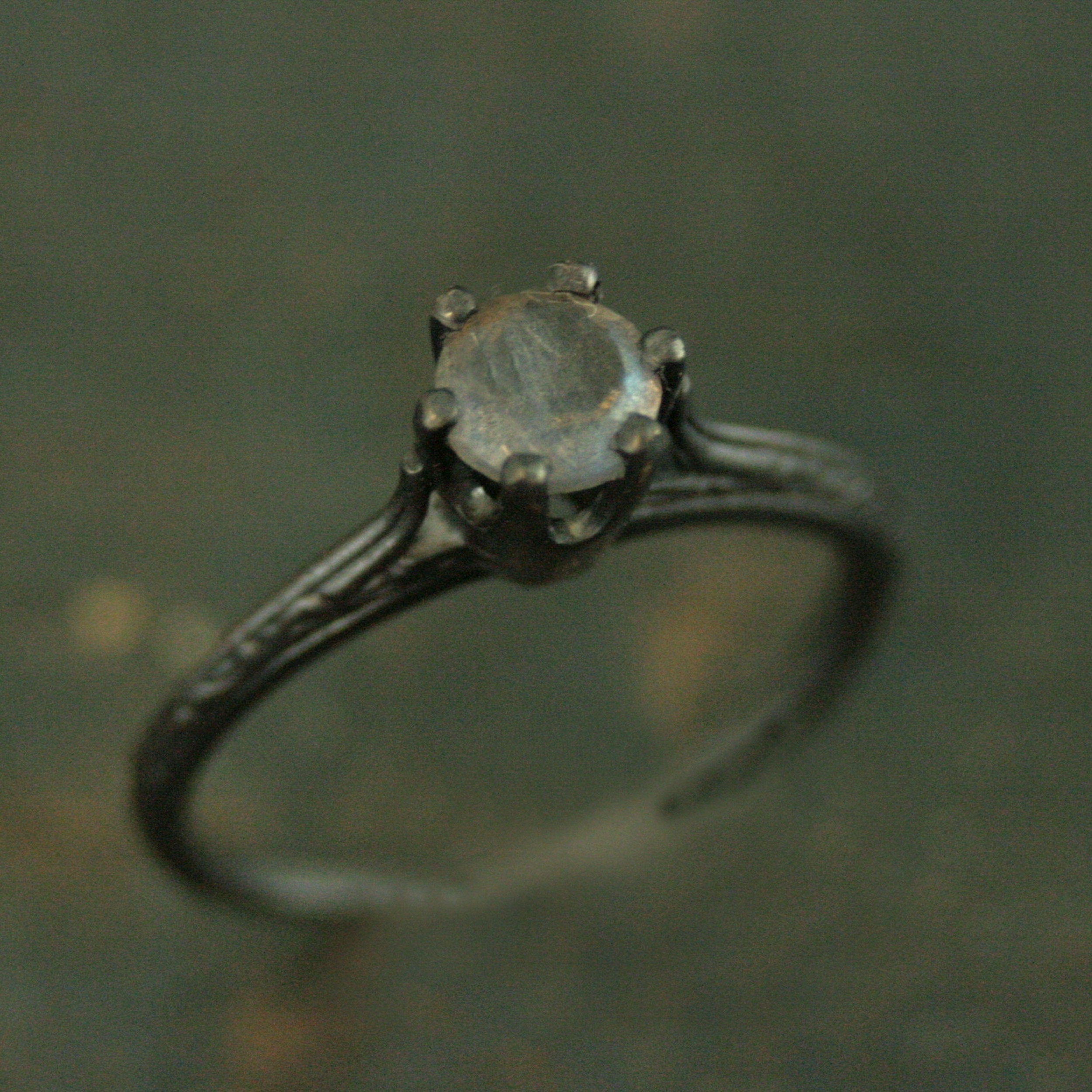 Labradorite Ring Ariel Cathedral Ring Oxidized Black Silver Ring 6 Prong Solitaire Black Silver Ring Embossed Knife Edge Design