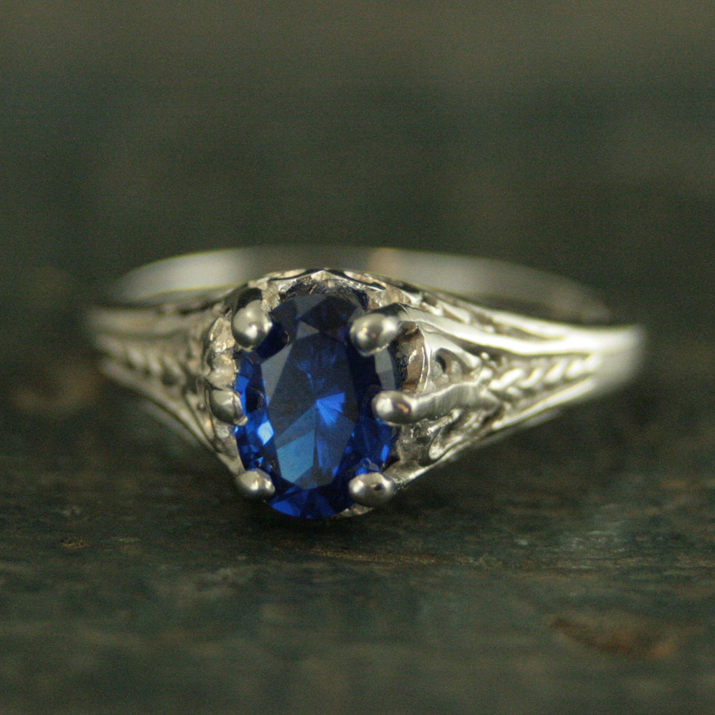 Silver Oval Sapphire Ring Aurora Filigree Antique Style Ring Vintage Style September Birthstone Ring Unique Engagement Ring Filigree