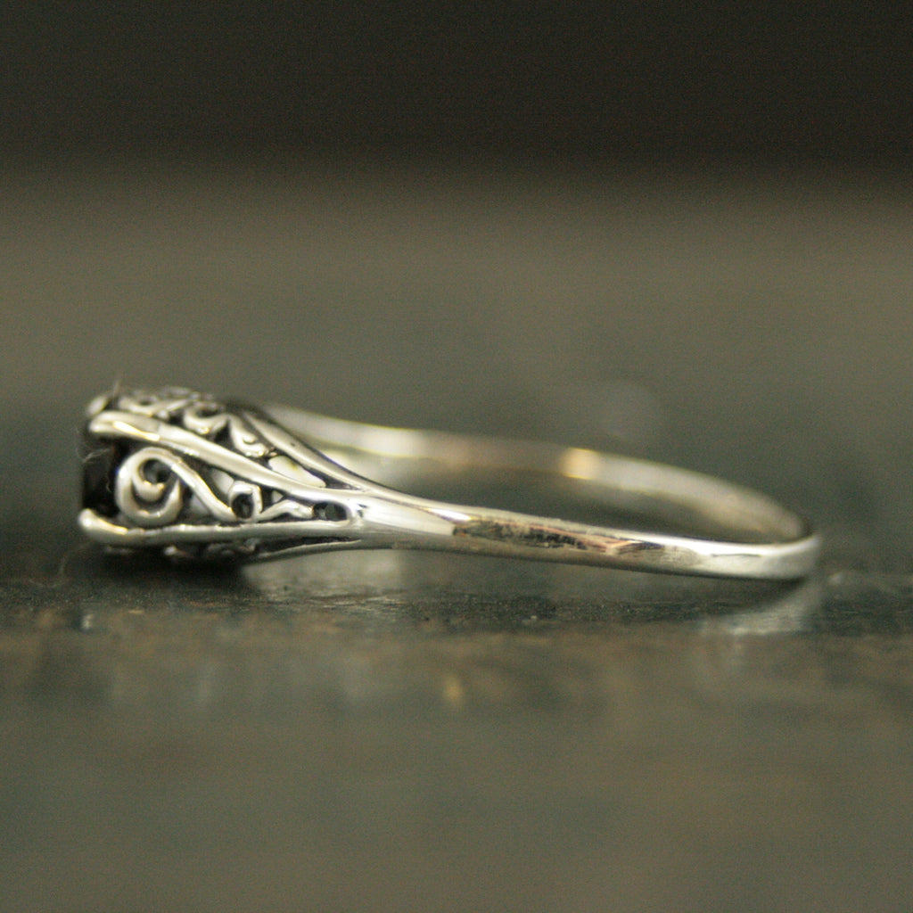 Filigree Engagement Ring Cinderella Onyx Ring Antique Style Ring Vintage Style Ring Scrollwork Solitaire 5mm Black Stone Ring Blazer Arts