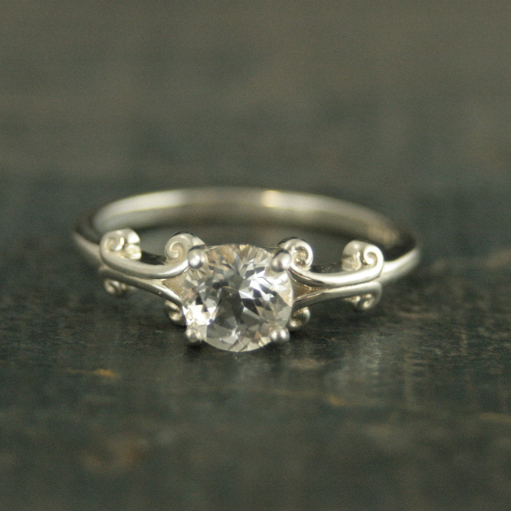 Greek Scroll Solitaire Ring Moissanite Cubic Zirconia White Topaz Ring Silver Engagement Ring Vintage Style Ring 6mm Scroll Design Ring