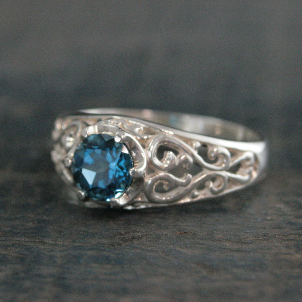London Blue Topaz Ring Sleeping Beauty Filigree Ring Antique Style Ring Something Blue Bride Gift Vintage Style Ring Filigree Vine Setting