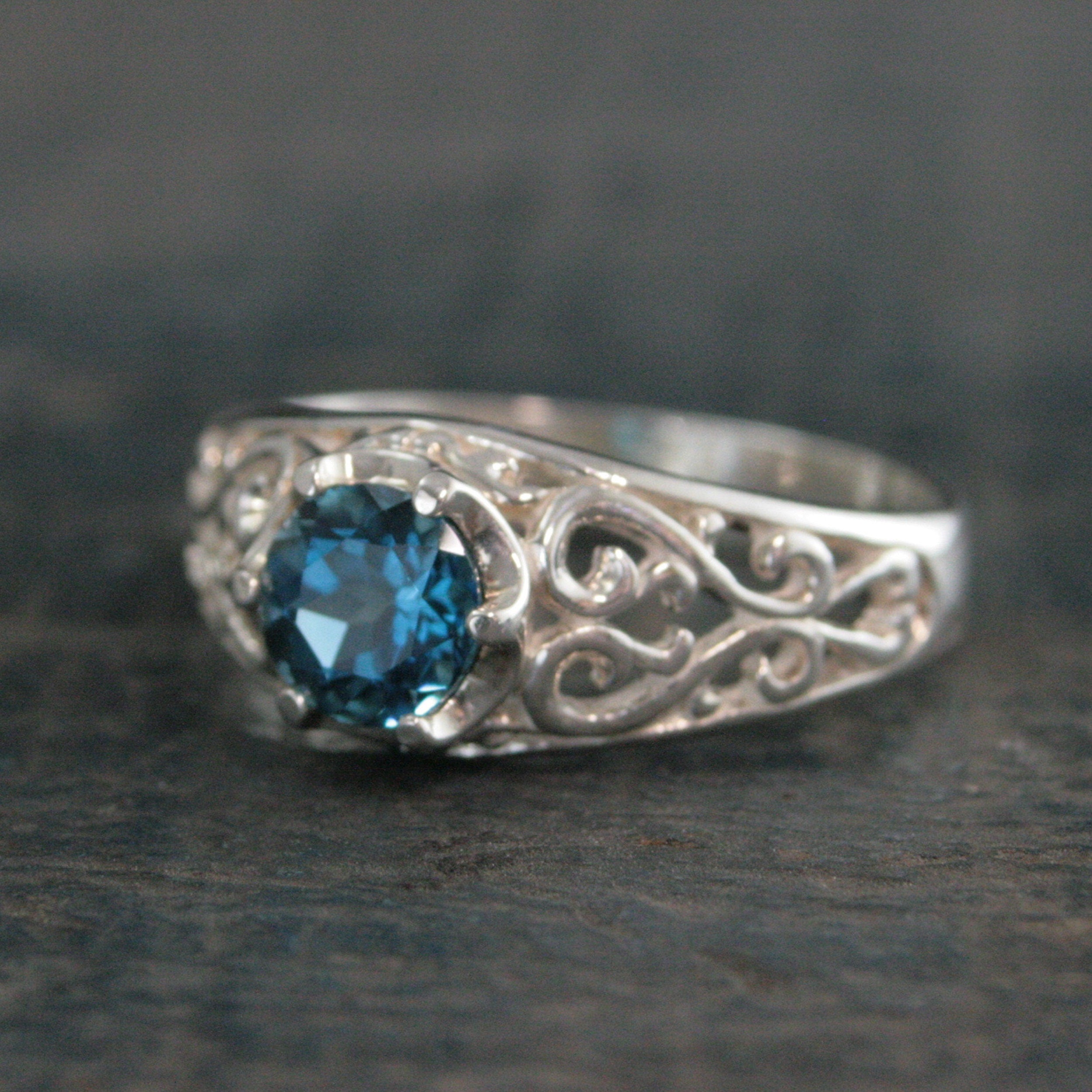 London Blue Topaz Ring Sleeping Beauty Filigree Ring Antique Style Ring Something Blue Bride Gift Vintage Style Ring Filigree Vine Setting