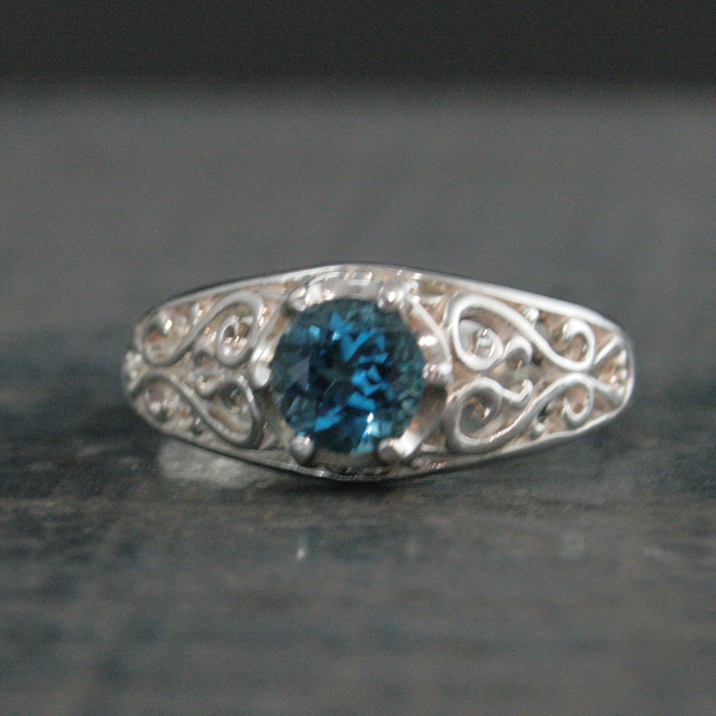 London Blue Topaz Ring Sleeping Beauty Filigree Ring Antique Style Ring Something Blue Bride Gift Vintage Style Ring Filigree Vine Setting