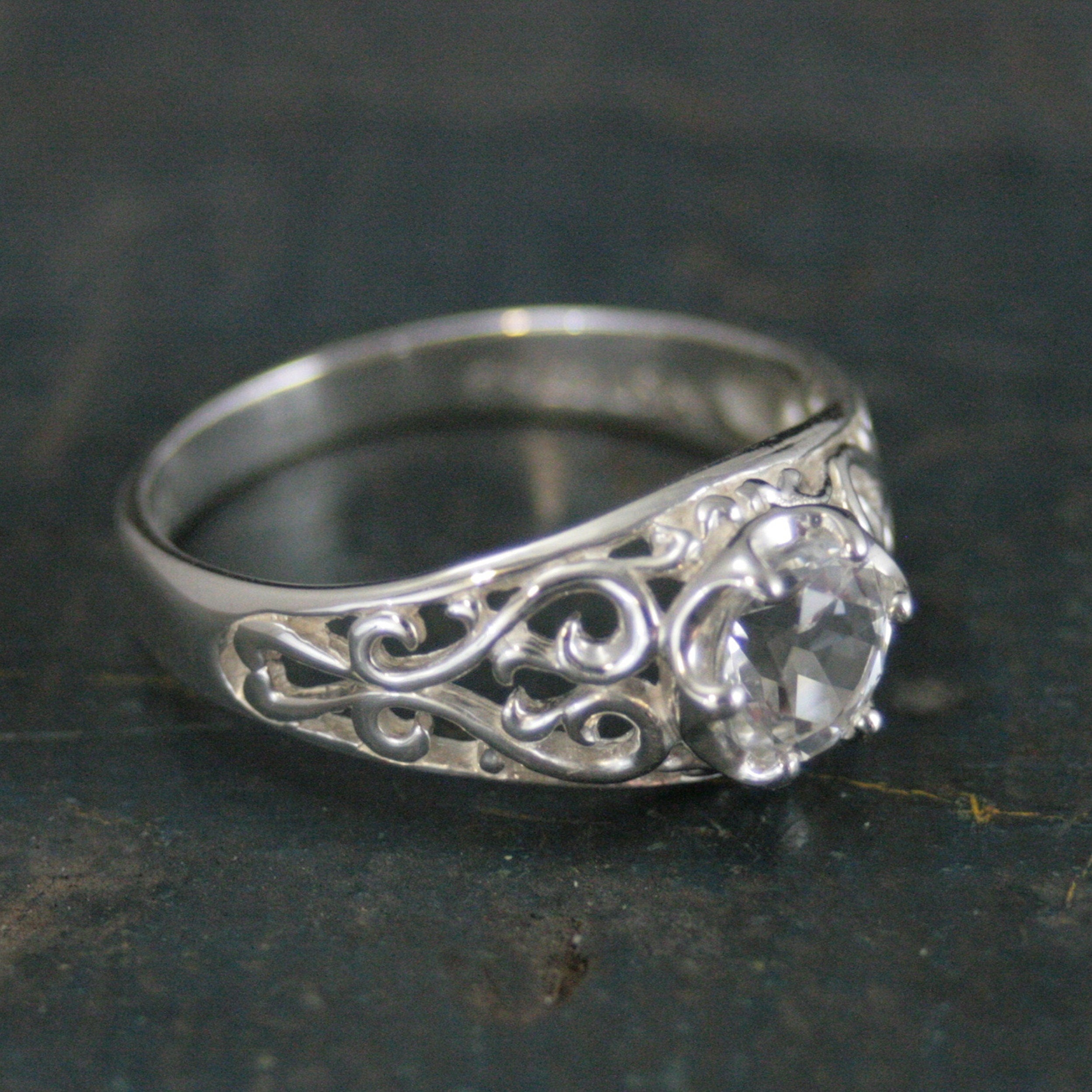Sleeping Beauty White Topaz Ring Filigree Cubic Zirconia Ring Elegant Engagement Ring Antique Style Ring Vintage Style Ring Filigree Hearts