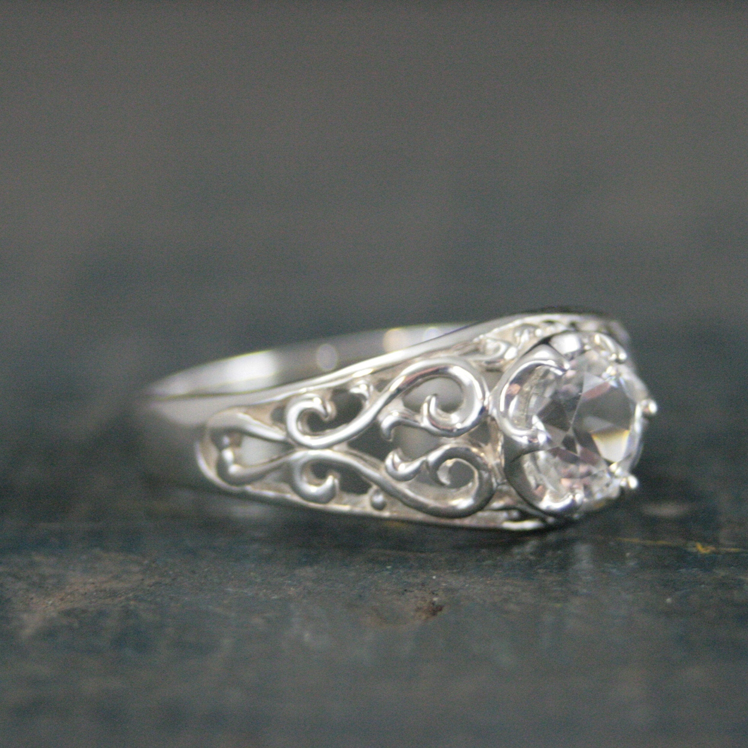 Sleeping Beauty White Topaz Ring Filigree Cubic Zirconia Ring Elegant Engagement Ring Antique Style Ring Vintage Style Ring Filigree Hearts