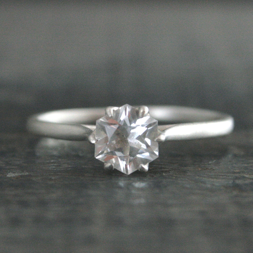 Silver Hexagon Solitaire American Mined Arkansas Ice Quartz Hexagon Stone Elegant Six Prong Setting Unique Engagement Ring Conflict Free