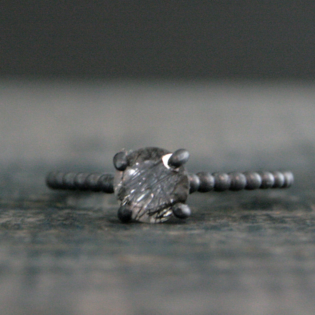 Black Rutilated Quartz Ring Beaded Cathedral Solitaire Black Oxidized Silver Ring Unique Engagement Ring Black Tourmalinated Quartz Ring