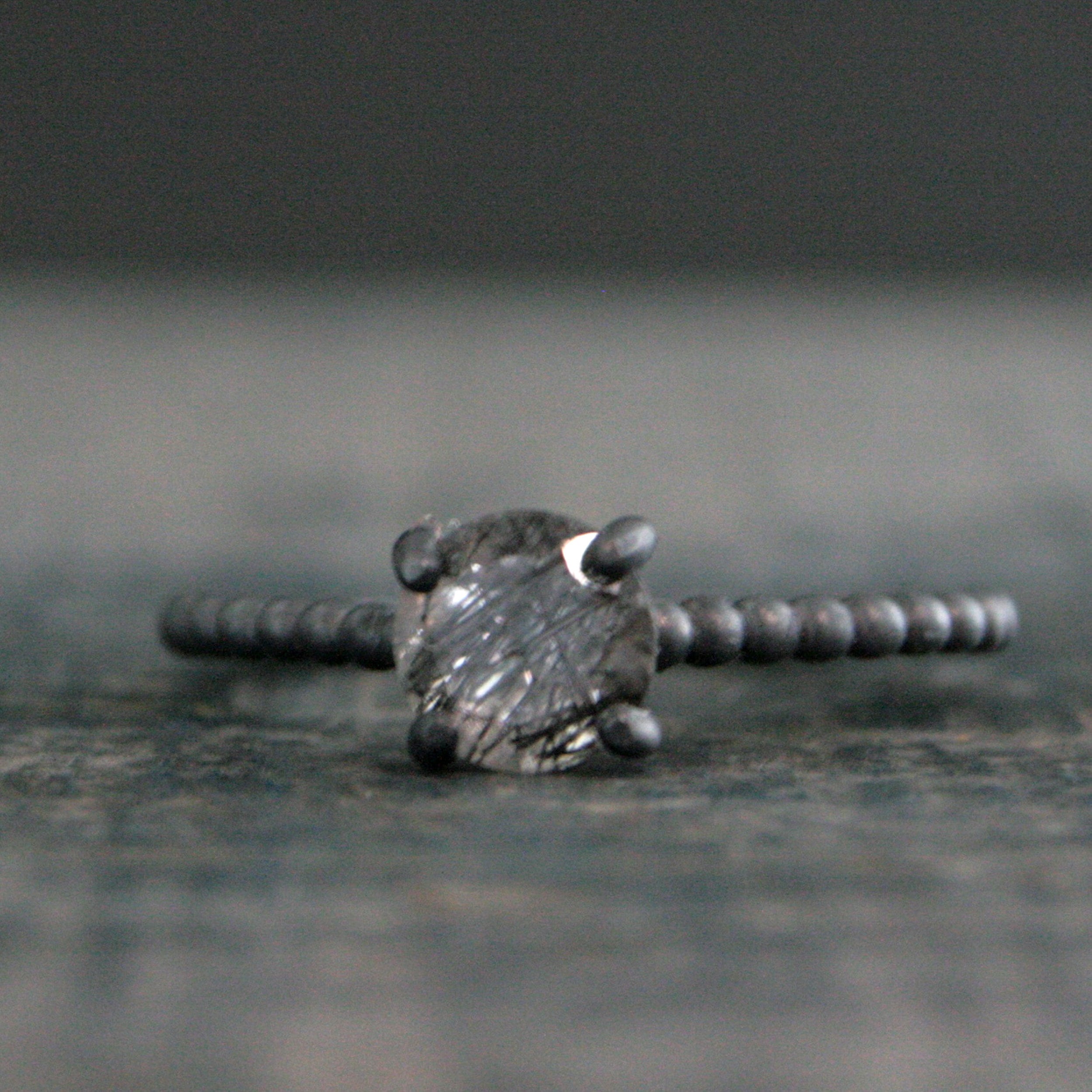 Black Rutilated Quartz Ring Beaded Cathedral Solitaire Black Oxidized Silver Ring Unique Engagement Ring Black Tourmalinated Quartz Ring
