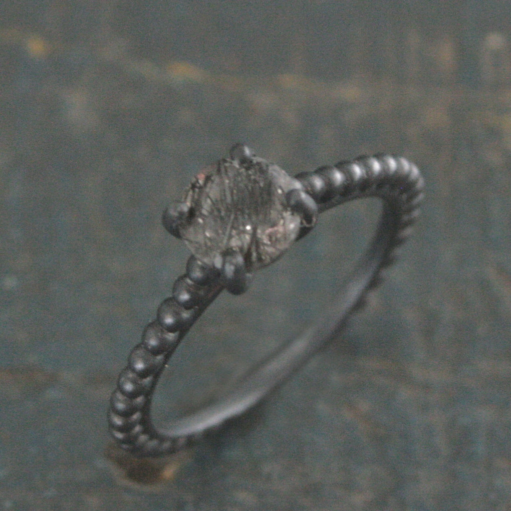 Black Rutilated Quartz Ring Beaded Cathedral Solitaire Black Oxidized Silver Ring Unique Engagement Ring Black Tourmalinated Quartz Ring