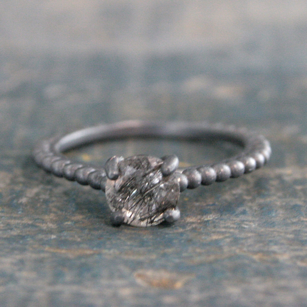 Black Rutilated Quartz Ring Beaded Cathedral Solitaire Black Oxidized Silver Ring Unique Engagement Ring Black Tourmalinated Quartz Ring