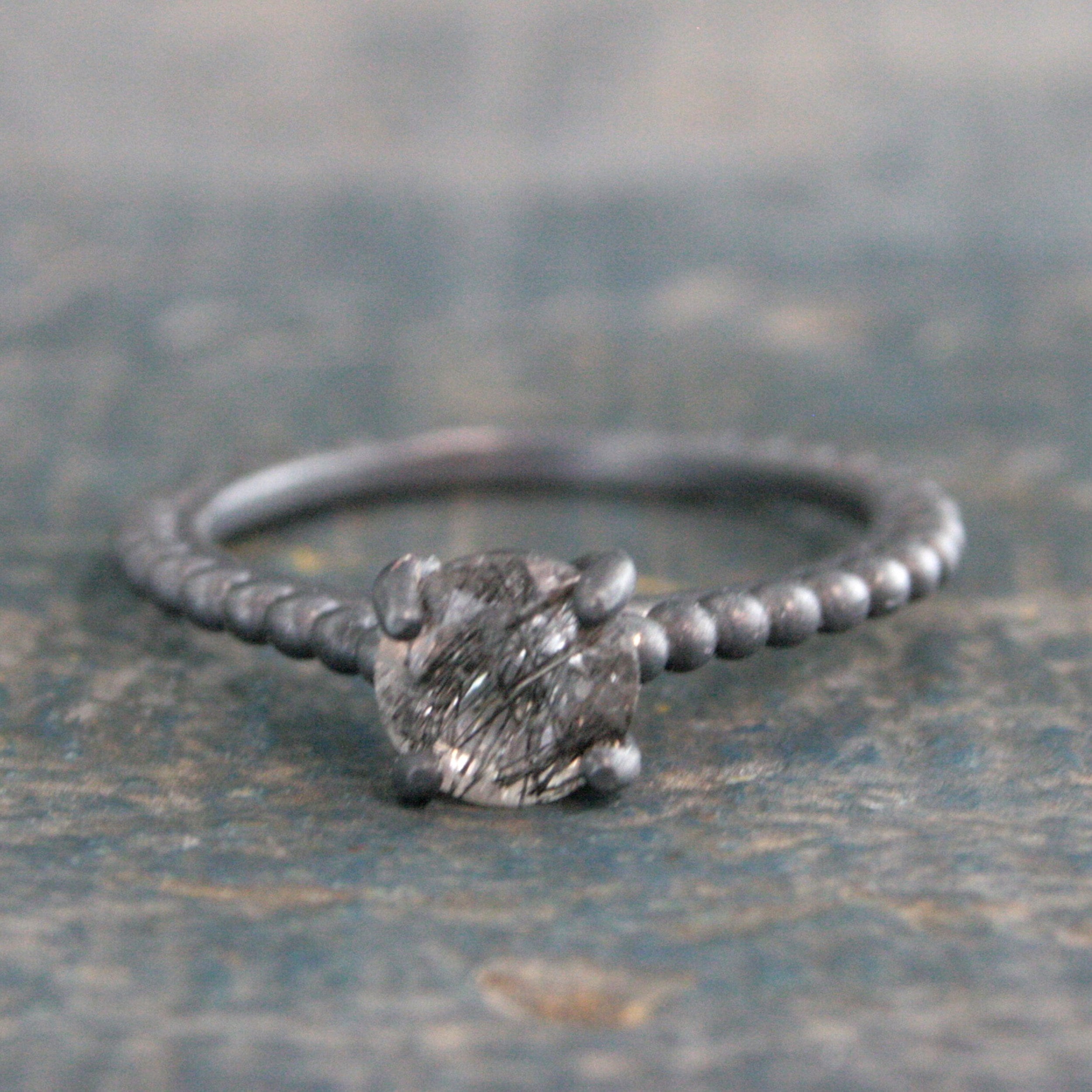 Black Rutilated Quartz Ring Beaded Cathedral Solitaire Black Oxidized Silver Ring Unique Engagement Ring Black Tourmalinated Quartz Ring