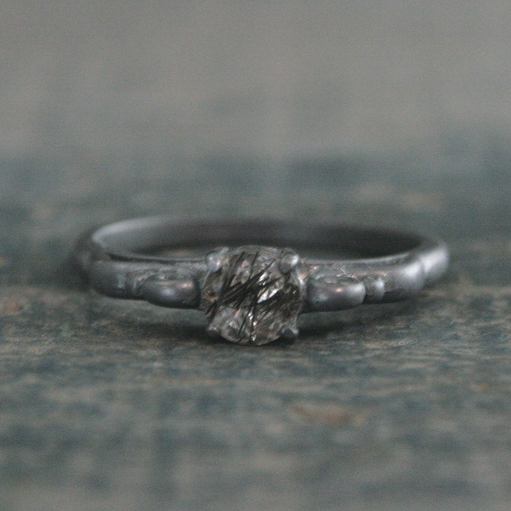 Black Rutilated Quartz Ring Dark Princess Black Tourmalinated Quartz Ring Unique Oxidized Black Silver Ring Facetted Rutilated Quartz Ring