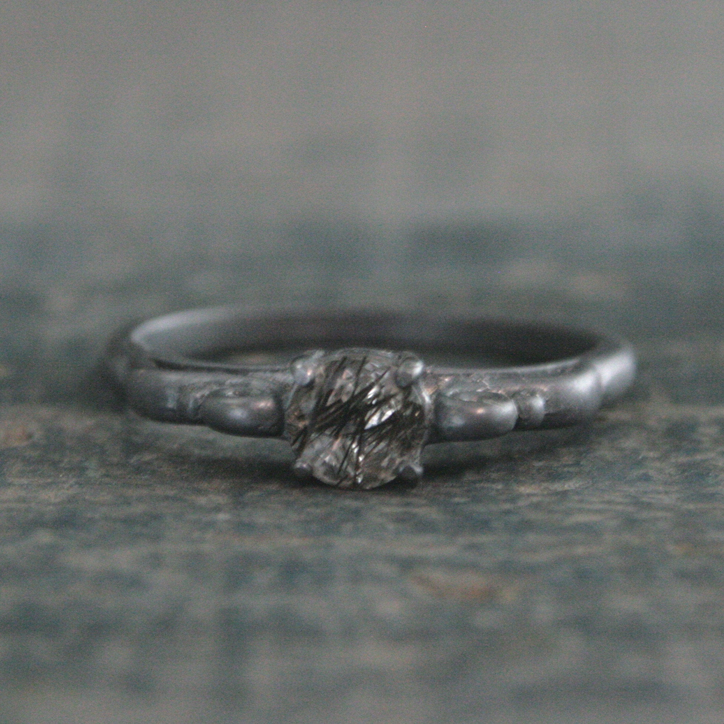 Black Rutilated Quartz Ring Dark Princess Black Tourmalinated Quartz Ring Unique Oxidized Black Silver Ring Facetted Rutilated Quartz Ring