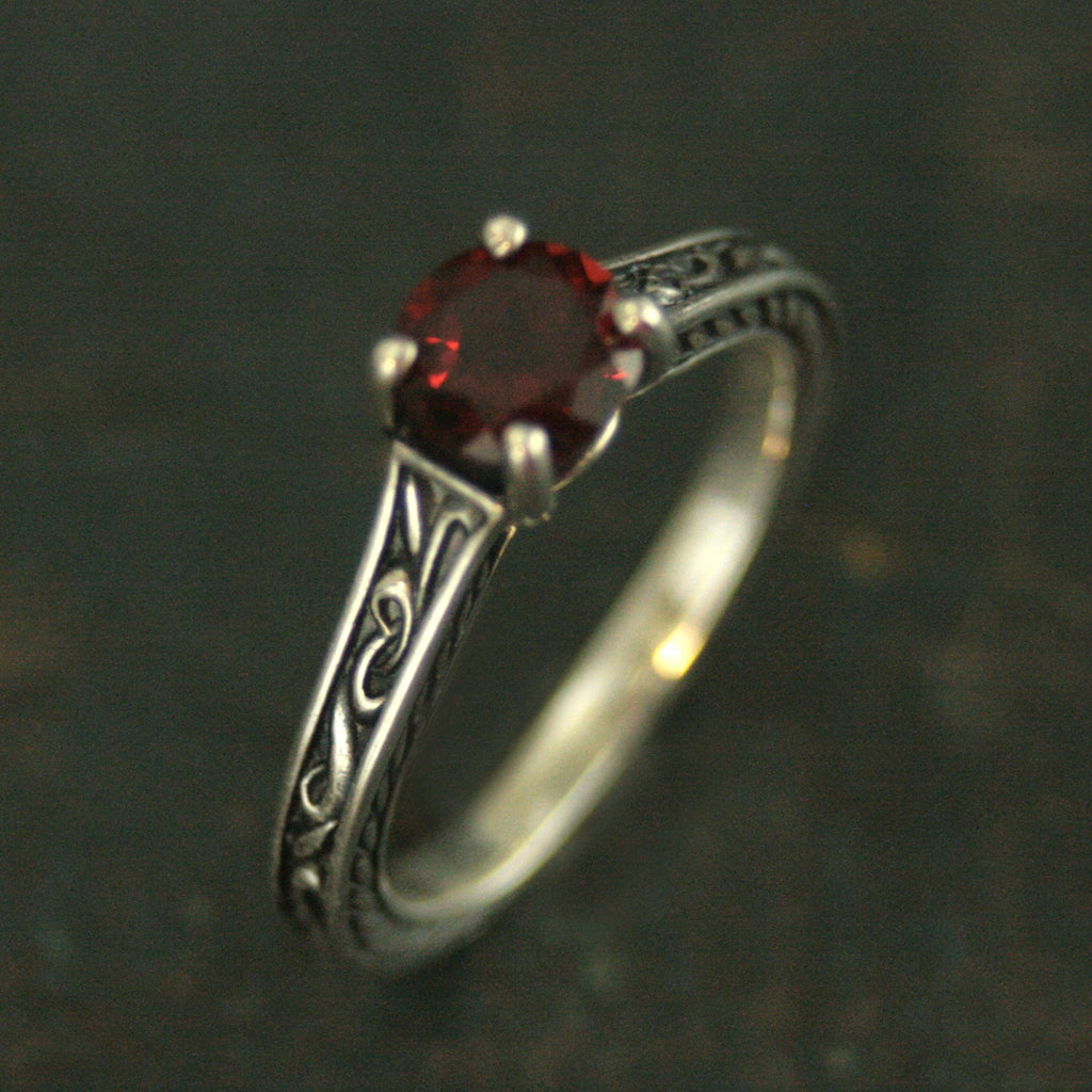 Flourish Cathedral Solitaire Ring Red Garnet Ring Antiqued Silver Sculptural Ring Genuine Mozambique Garnet January Birthstone Ring