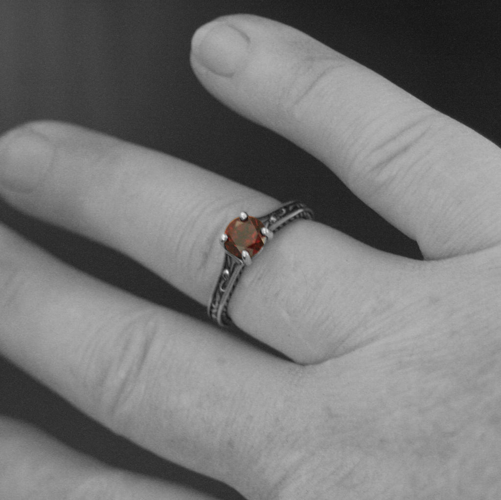 Flourish Cathedral Solitaire Ring Red Garnet Ring Antiqued Silver Sculptural Ring Genuine Mozambique Garnet January Birthstone Ring