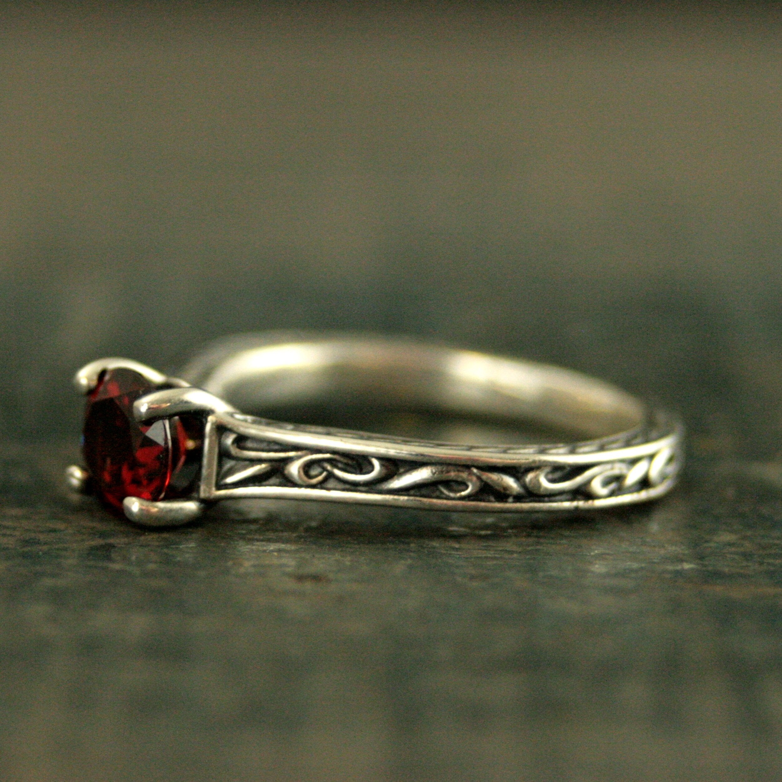 Flourish Cathedral Solitaire Ring Red Garnet Ring Antiqued Silver Sculptural Ring Genuine Mozambique Garnet January Birthstone Ring