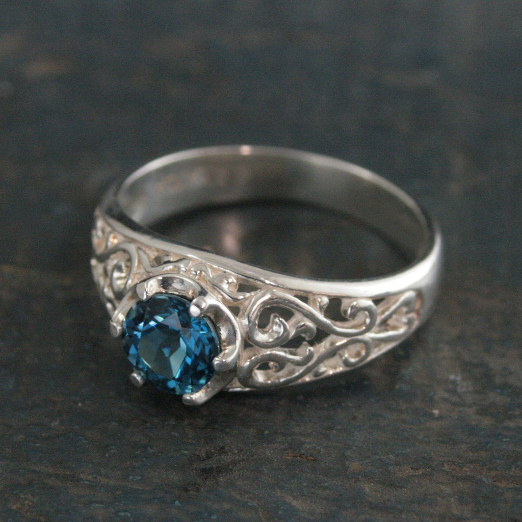 London Blue Topaz Ring Sleeping Beauty Filigree Ring Antique Style Ring Something Blue Bride Gift Vintage Style Ring Filigree Vine Setting