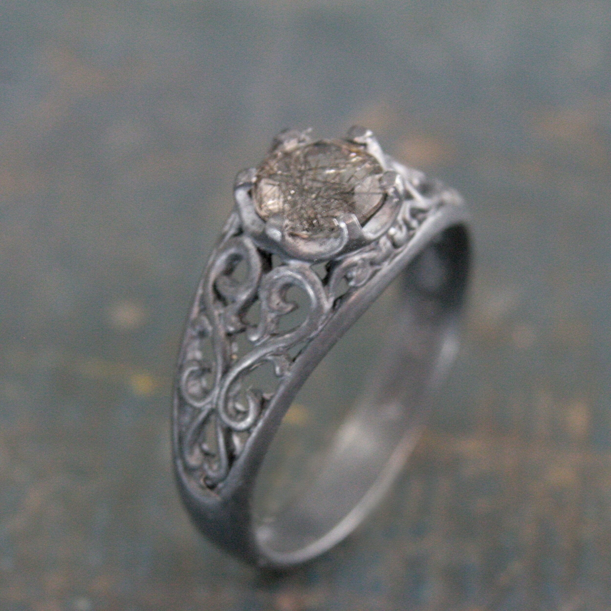 Black Rutilated Quartz Ring Maleficent Oxidized Black Ring Filigree Ring Gothic Ring Alternative Engagement Ring Black Silver Cocktail Ring