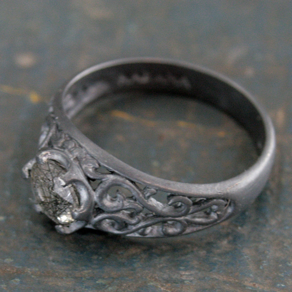 Black Rutilated Quartz Ring Maleficent Oxidized Black Ring Filigree Ring Gothic Ring Alternative Engagement Ring Black Silver Cocktail Ring