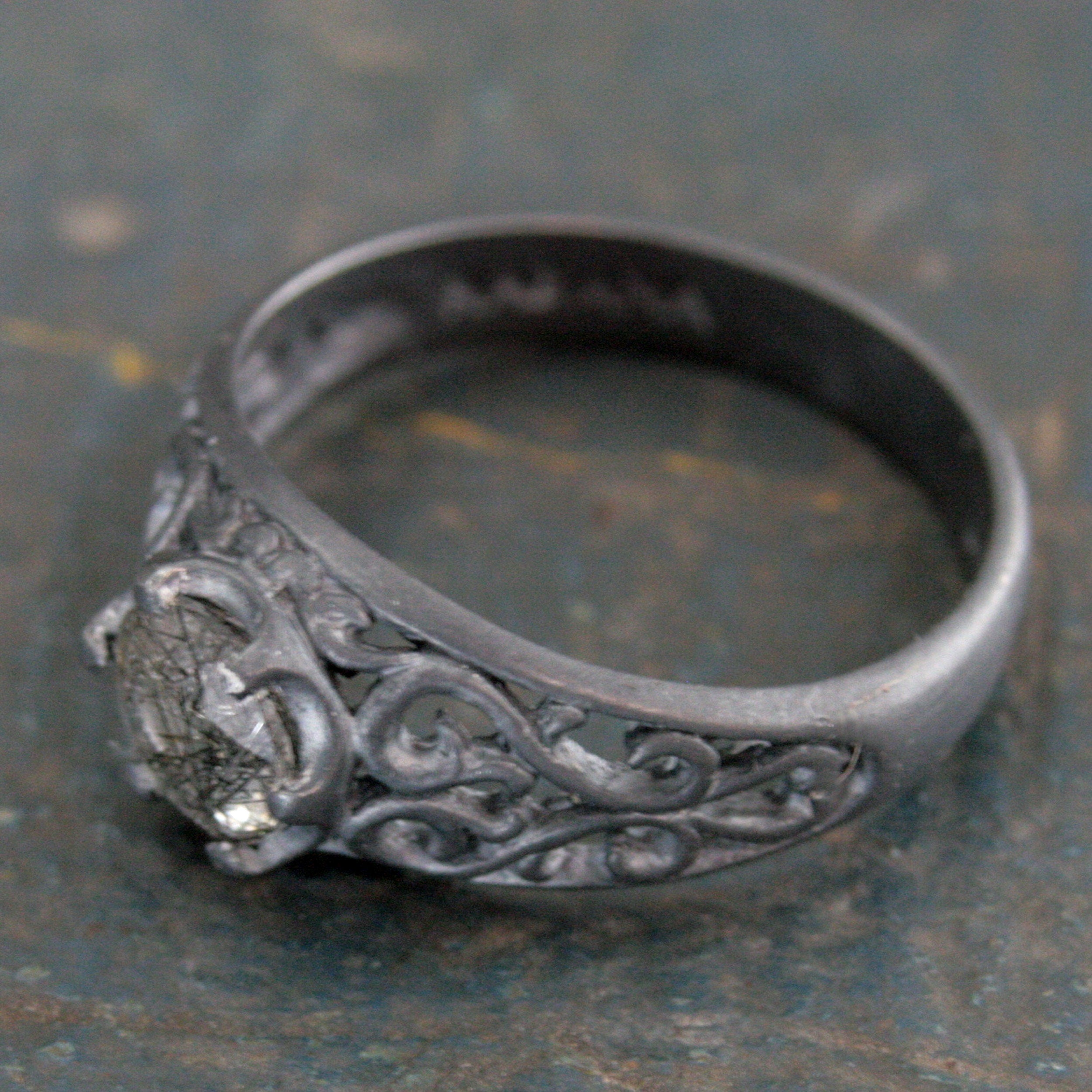 Black Rutilated Quartz Ring Maleficent Oxidized Black Ring Filigree Ring Gothic Ring Alternative Engagement Ring Black Silver Cocktail Ring