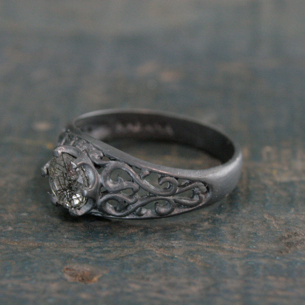 Black Rutilated Quartz Ring Maleficent Oxidized Black Ring Filigree Ring Gothic Ring Alternative Engagement Ring Black Silver Cocktail Ring