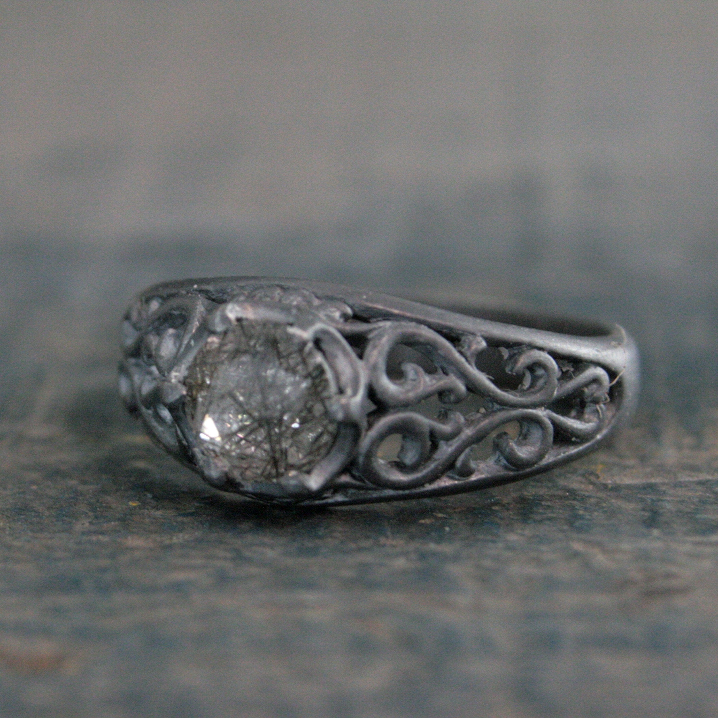 Black Rutilated Quartz Ring Maleficent Oxidized Black Ring Filigree Ring Gothic Ring Alternative Engagement Ring Black Silver Cocktail Ring