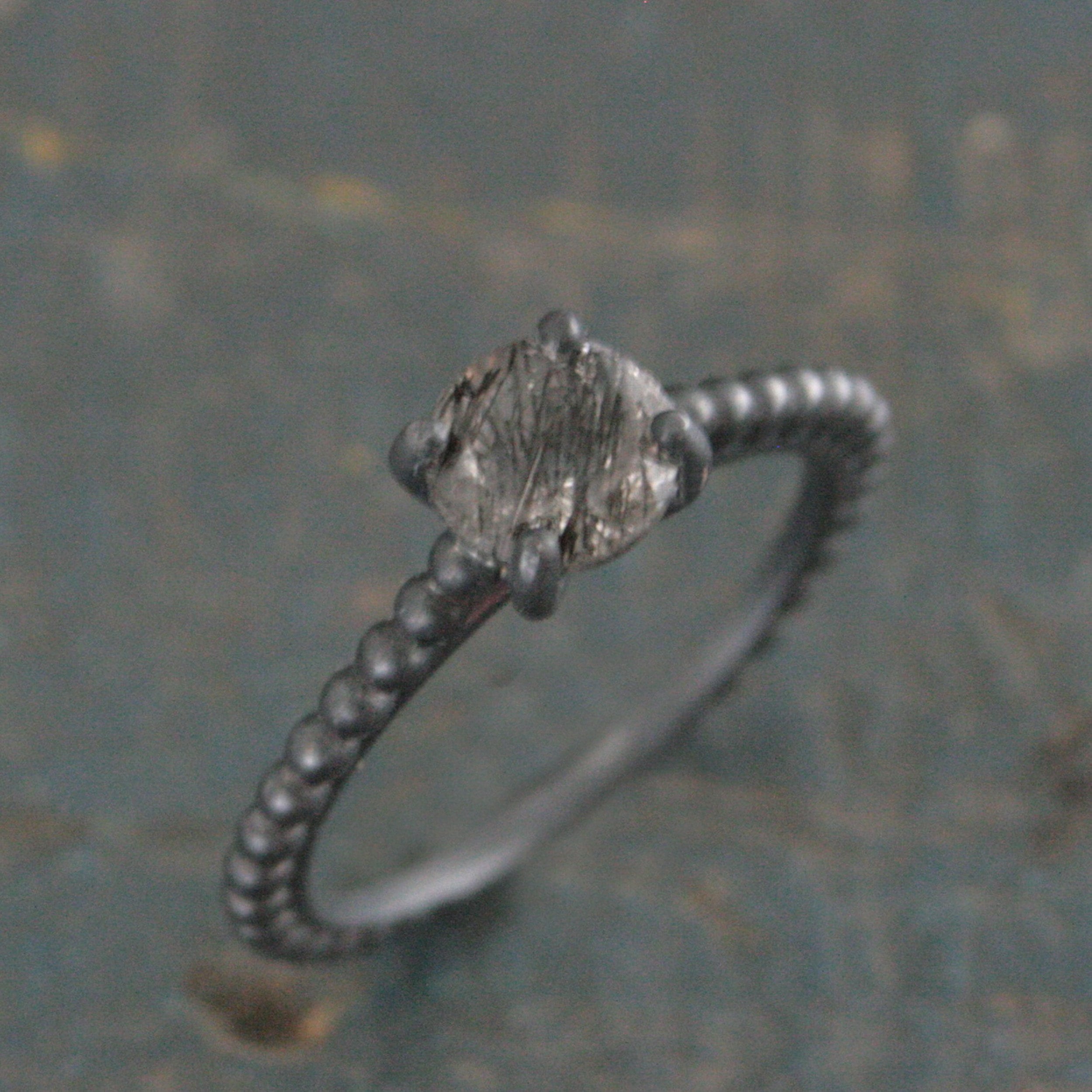Black Rutilated Quartz Ring Beaded Cathedral Solitaire Black Oxidized Silver Ring Unique Engagement Ring Black Tourmalinated Quartz Ring