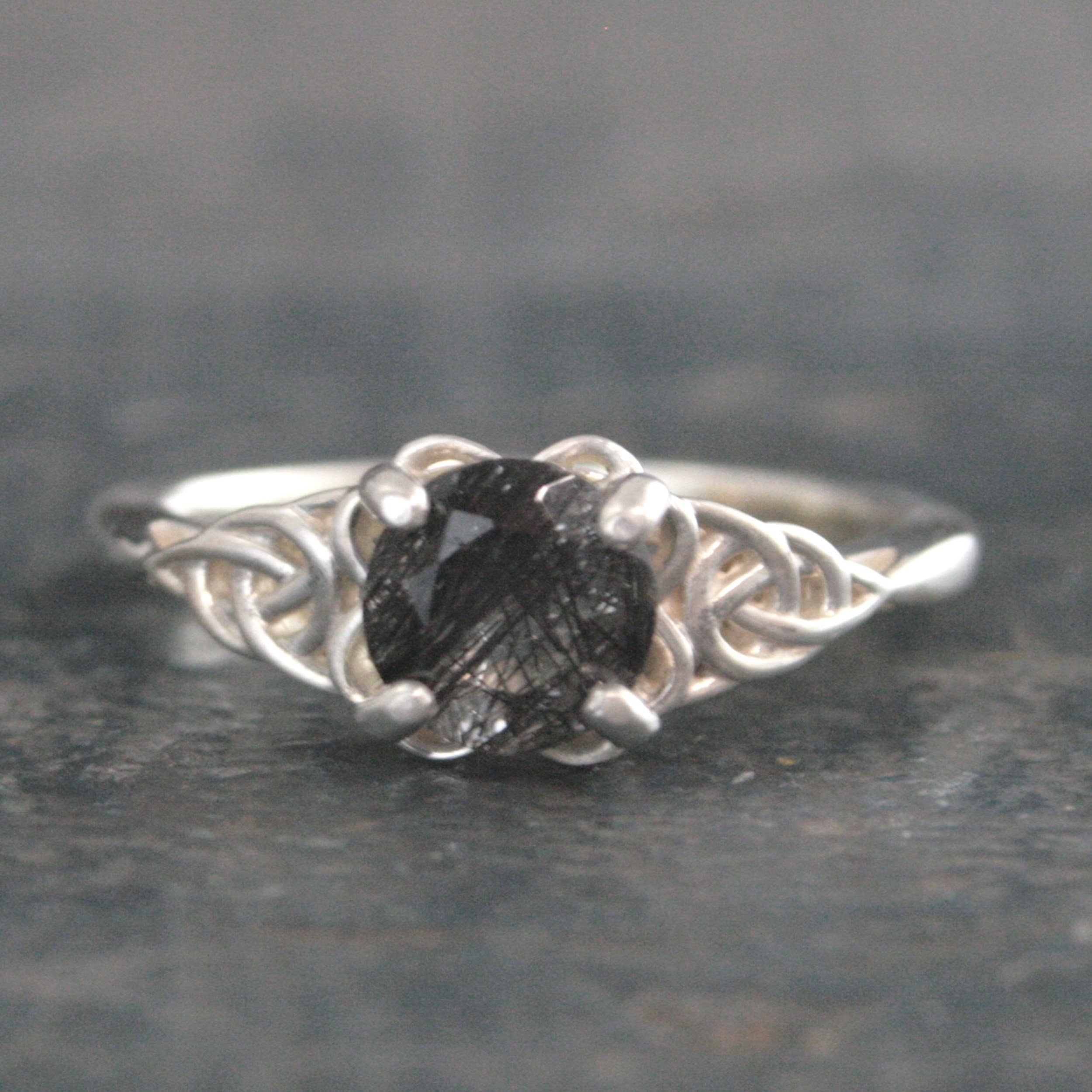 Black Tourmalinated Quartz Ring Celtic Ring Black Silver Ring Black Rutilated Quartz Ring Celtic Knot Ring Unique Engagement Ring