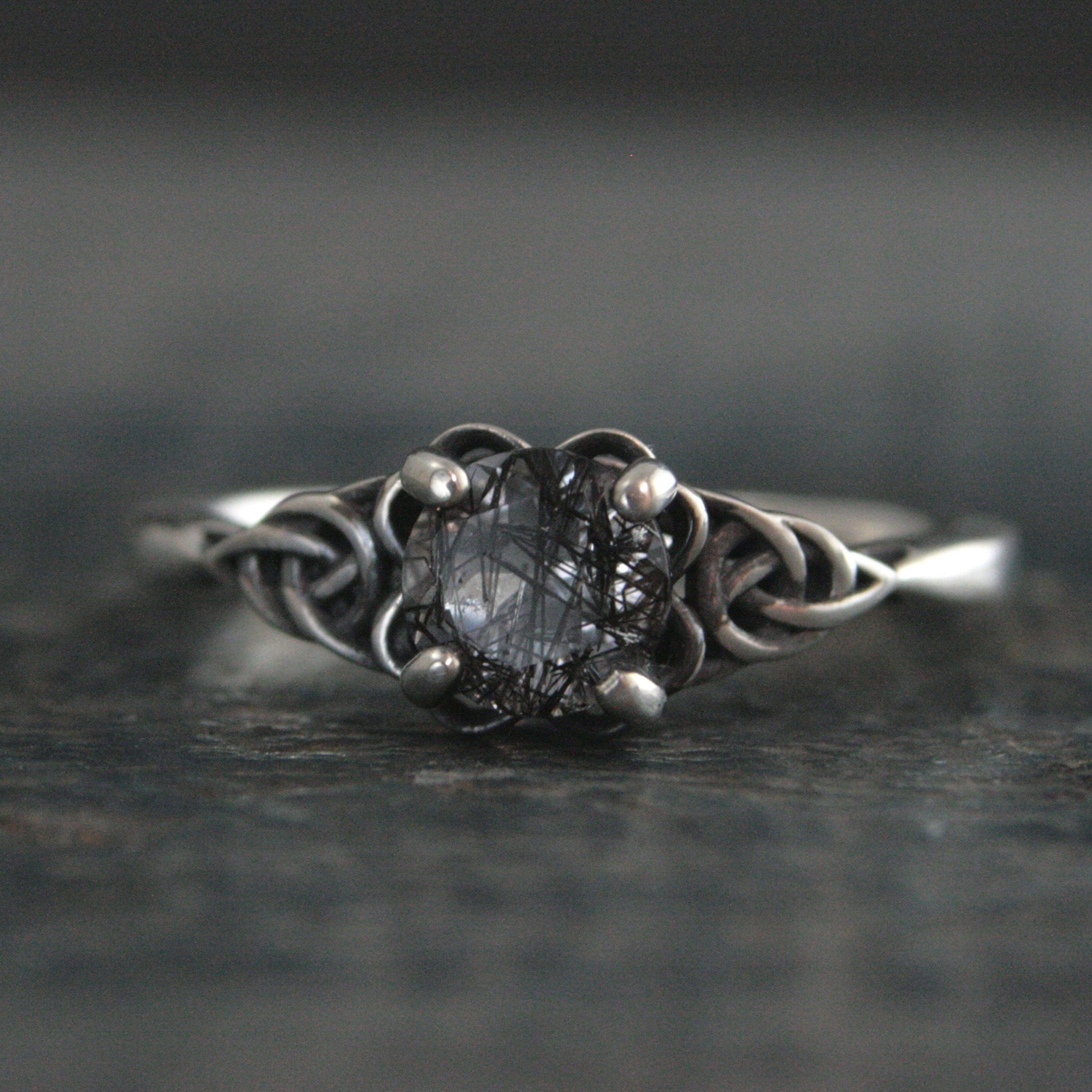 Celtic Ring with Black Rutilated Quartz Ring Celtic Knot Engagement Ring Scottish Ring Irish Ring Black Tourmalinated Quartz Ring
