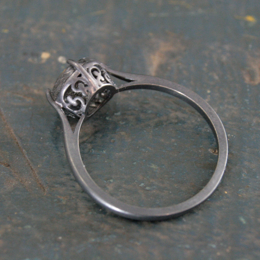 7mm Rutilated Quartz Ring Black Silver Filigree Ring NSEW Prongs Black Tourmalinated Quartz Ring Oxidized Silver Filigree Ring
