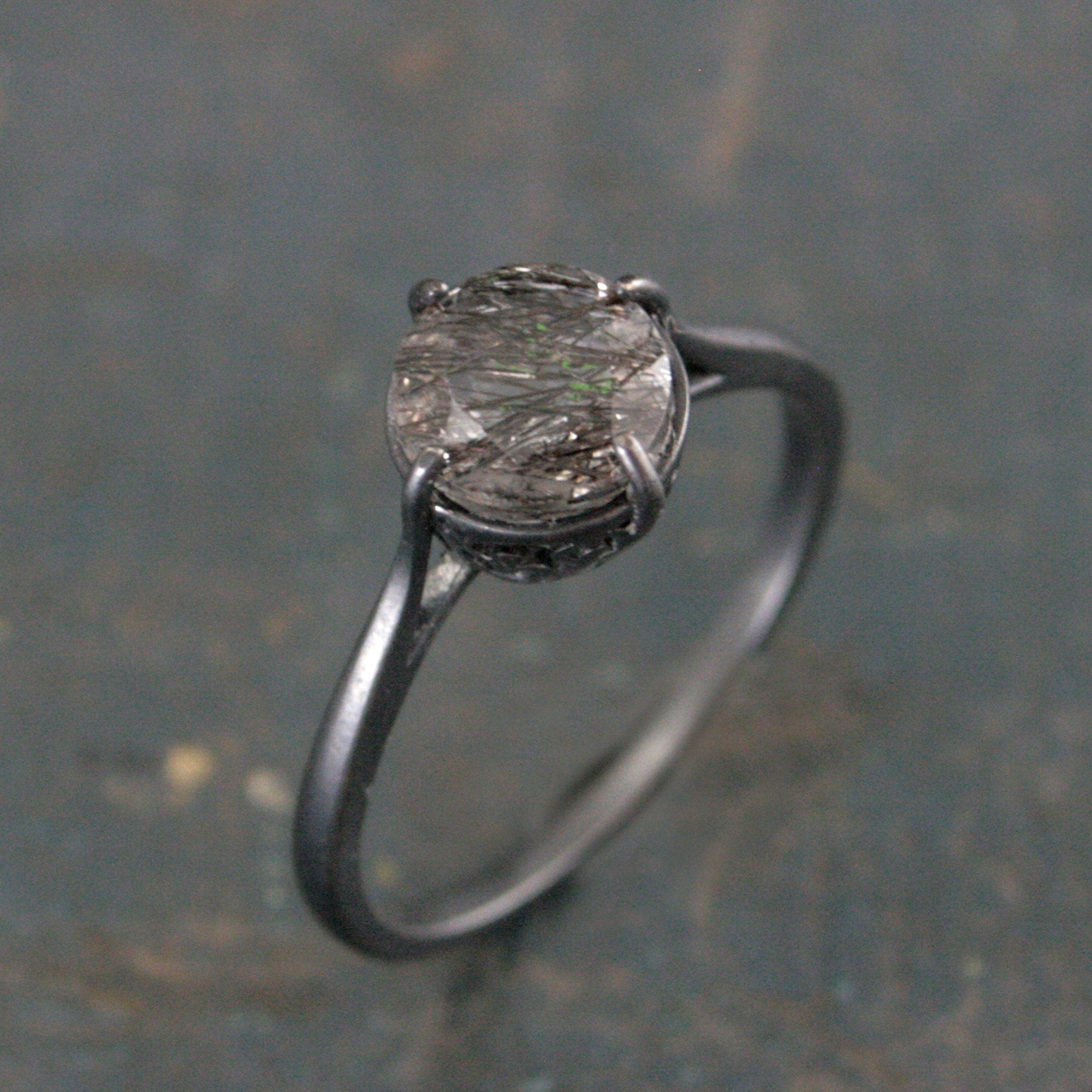 7mm Rutilated Quartz Ring Black Silver Filigree Ring NSEW Prongs Black Tourmalinated Quartz Ring Oxidized Silver Filigree Ring