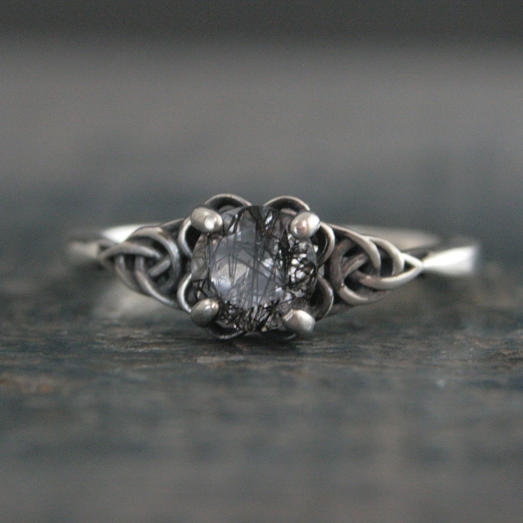 Black Tourmalinated Quartz Ring Celtic Ring Black Silver Ring Black Rutilated Quartz Ring Celtic Knot Ring Unique Engagement Ring