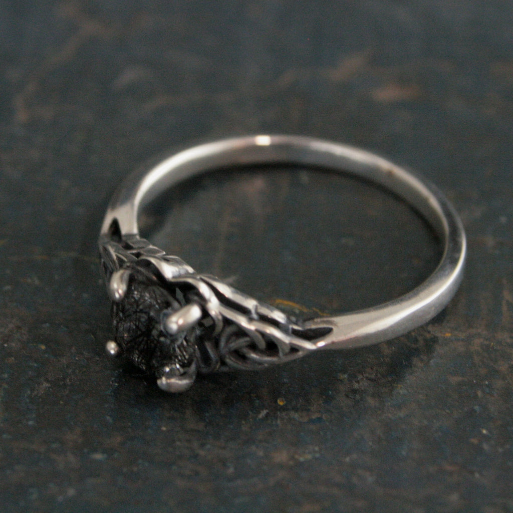Celtic Ring with Black Rutilated Quartz Ring Celtic Knot Engagement Ring Scottish Ring Irish Ring Black Tourmalinated Quartz Ring