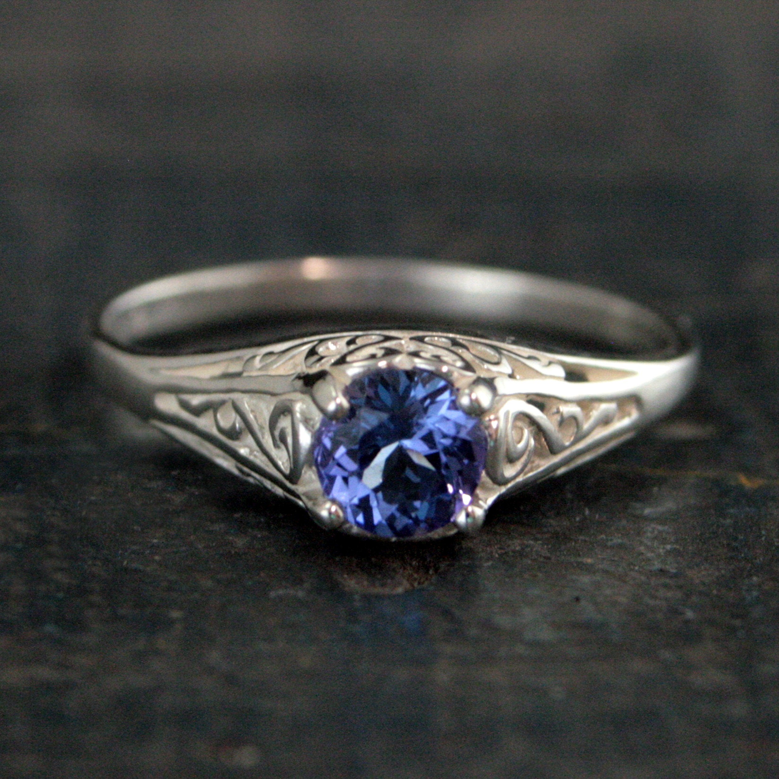 Tanzanite Ring Filigree Cinderella Antique Style Ring Vintage Style Ring Genuine Tanzanite Purple Stone Ring Silver December Birthstone Ring