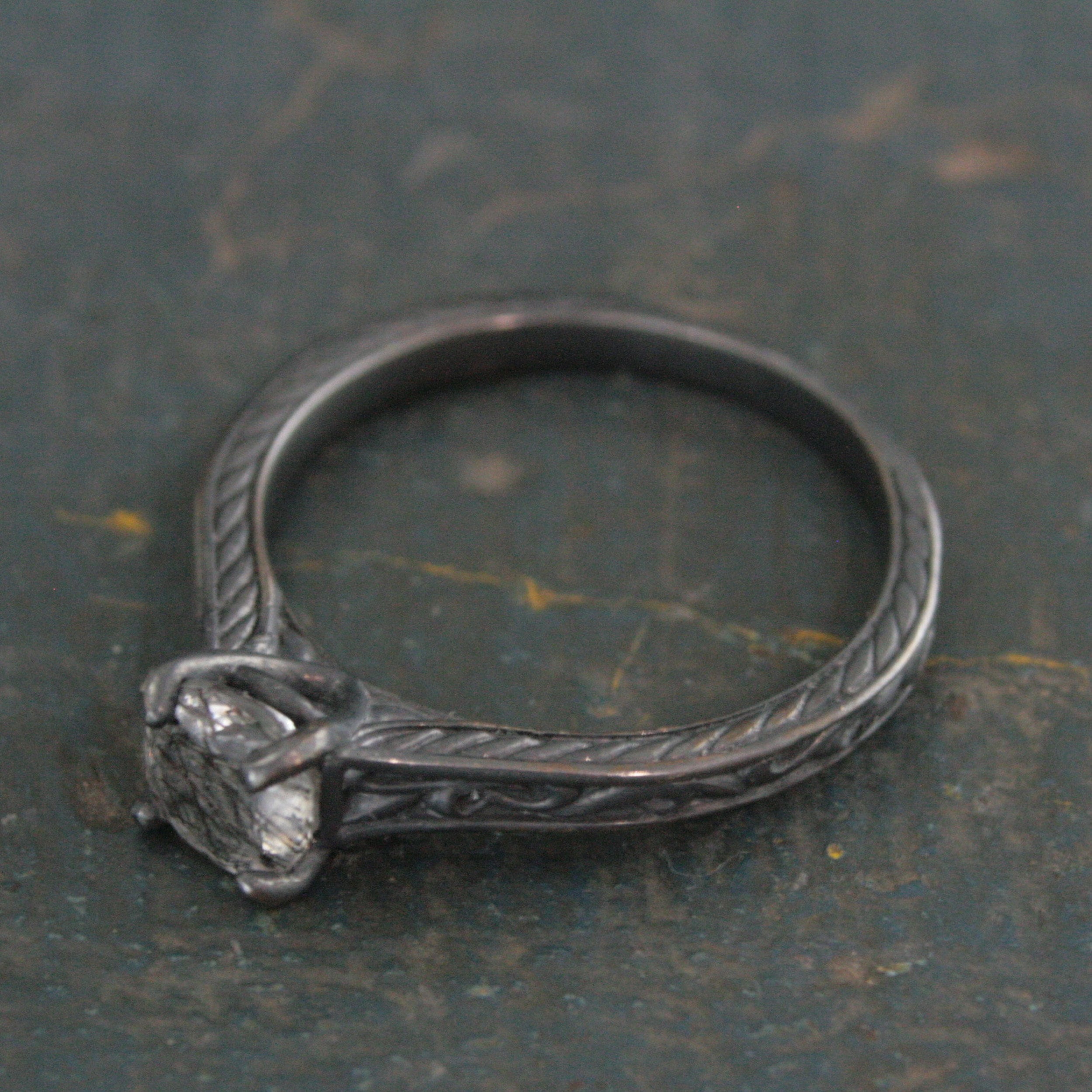 Black Rutilated Quartz Ring Gothic Vine Flourish Cathedral Oxidized Black Silver Ring Unique Engagement Ring Black Tourmalinated Quartz Ring