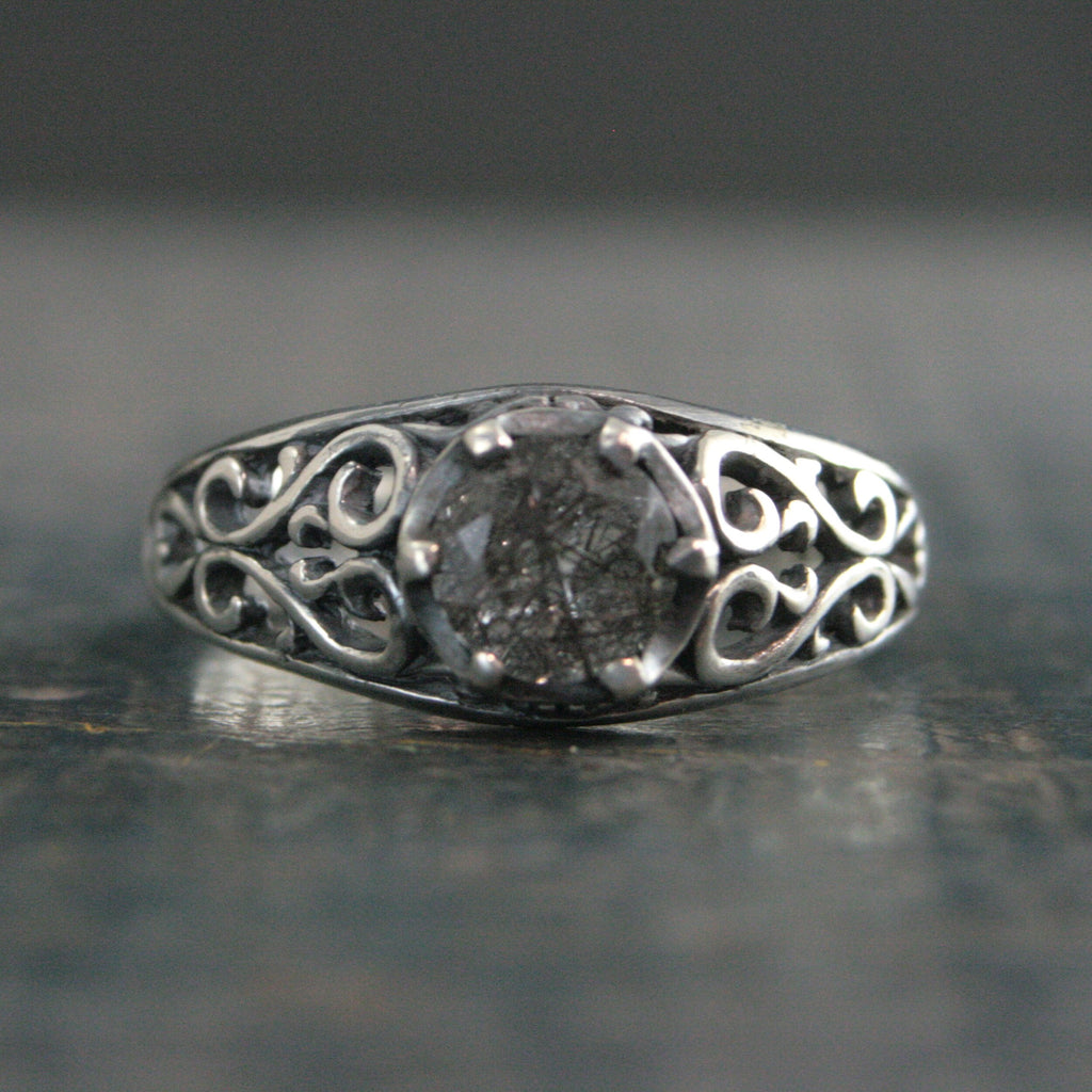 Black Rutilated Quartz Ring Maleficent Oxidized Polished Filigree Ring Gothic Ring Alternative Engagement Ring Black Silver Cocktail Ring