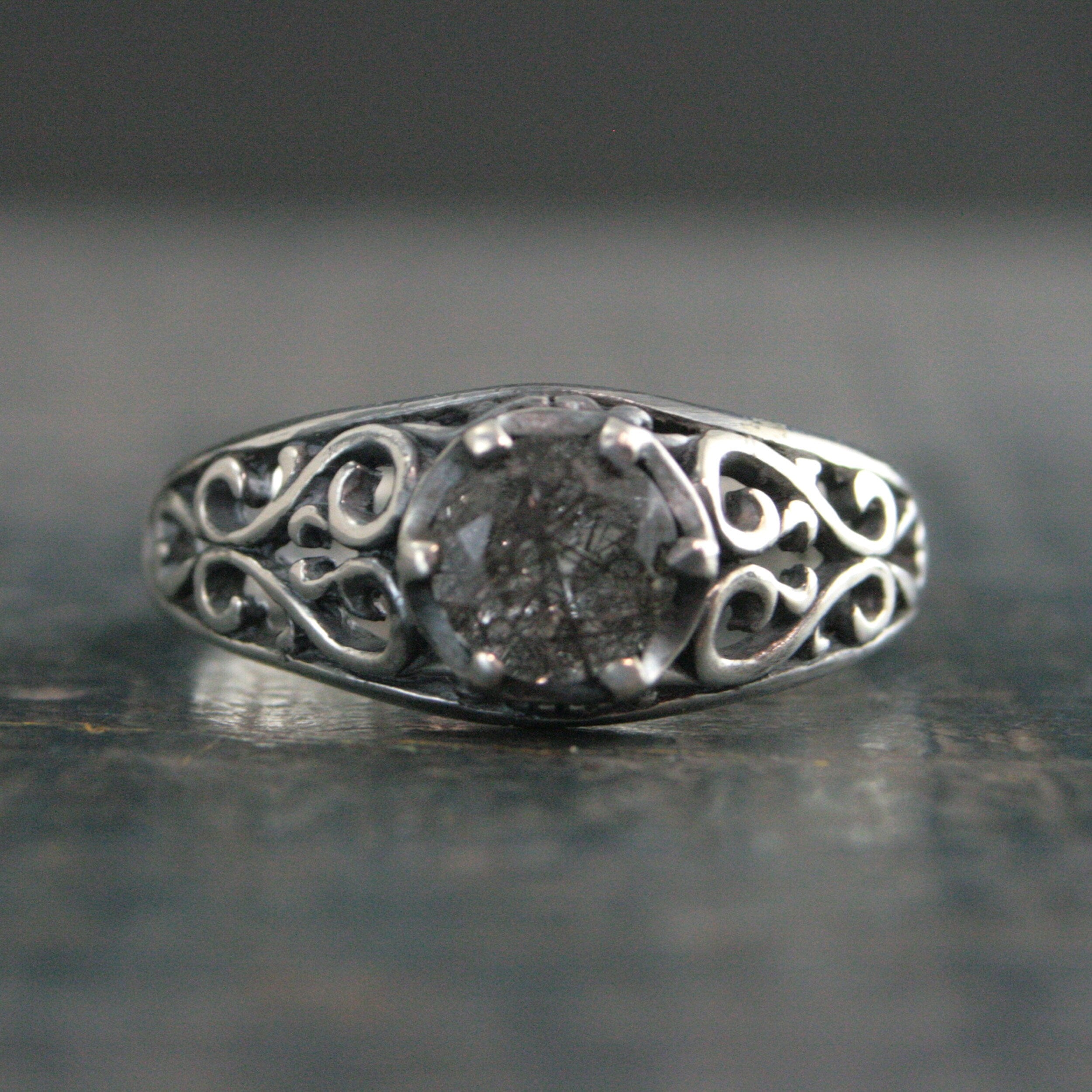 Black Rutilated Quartz Ring Maleficent Oxidized Polished Filigree Ring Gothic Ring Alternative Engagement Ring Black Silver Cocktail Ring
