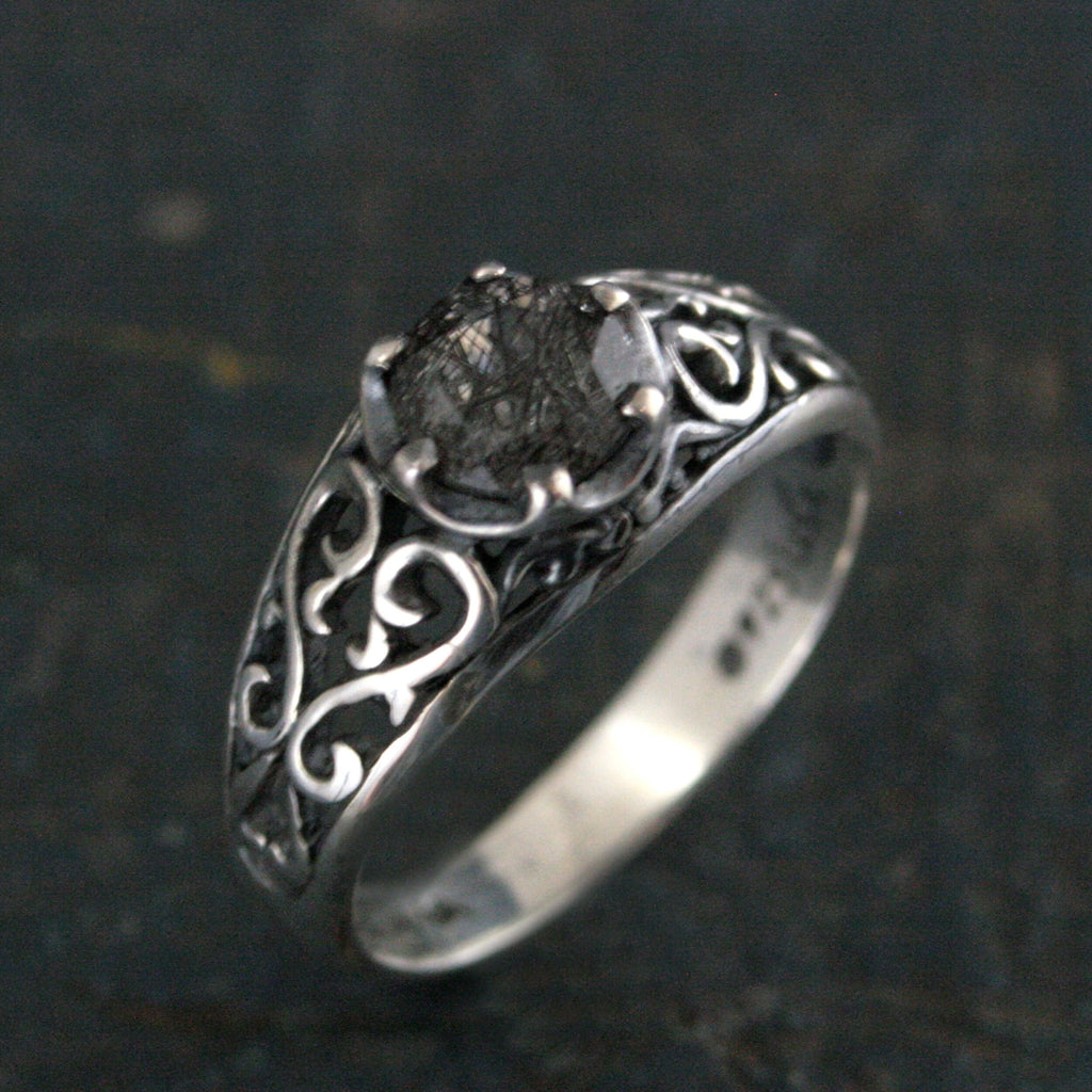Black Rutilated Quartz Ring Maleficent Oxidized Polished Filigree Ring Gothic Ring Alternative Engagement Ring Black Silver Cocktail Ring